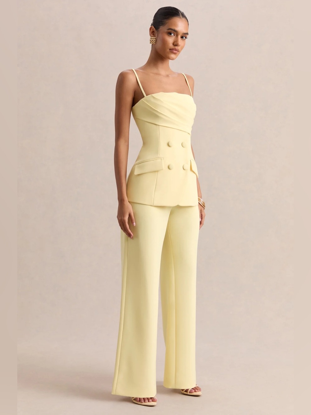 Club L London Pale Yellow Wide-Leg Two Piece Set